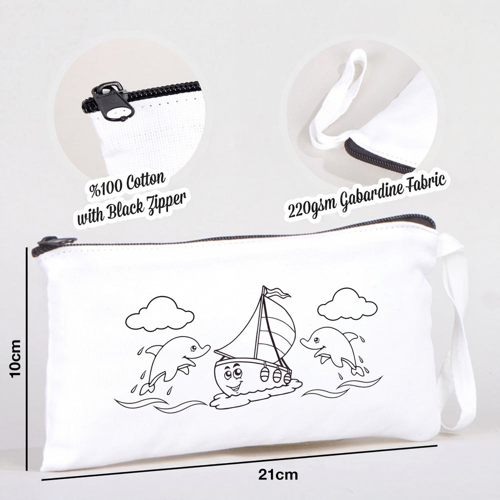 Paintable Pencil Case with Sailboat & Dolphin Design – 8" × 4" - 6 oz - Pamusan.com