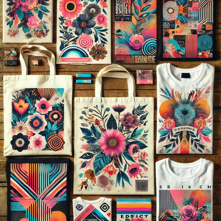 Collection of colorful floral and abstract designs on various products like bags and t-shirts.